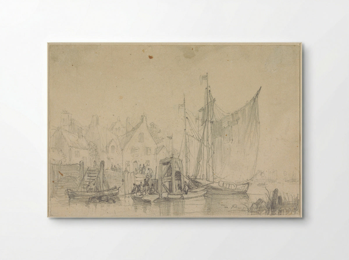 Het vertrek van boten uit een dorp - Henri Adolphe Schaep - Poster