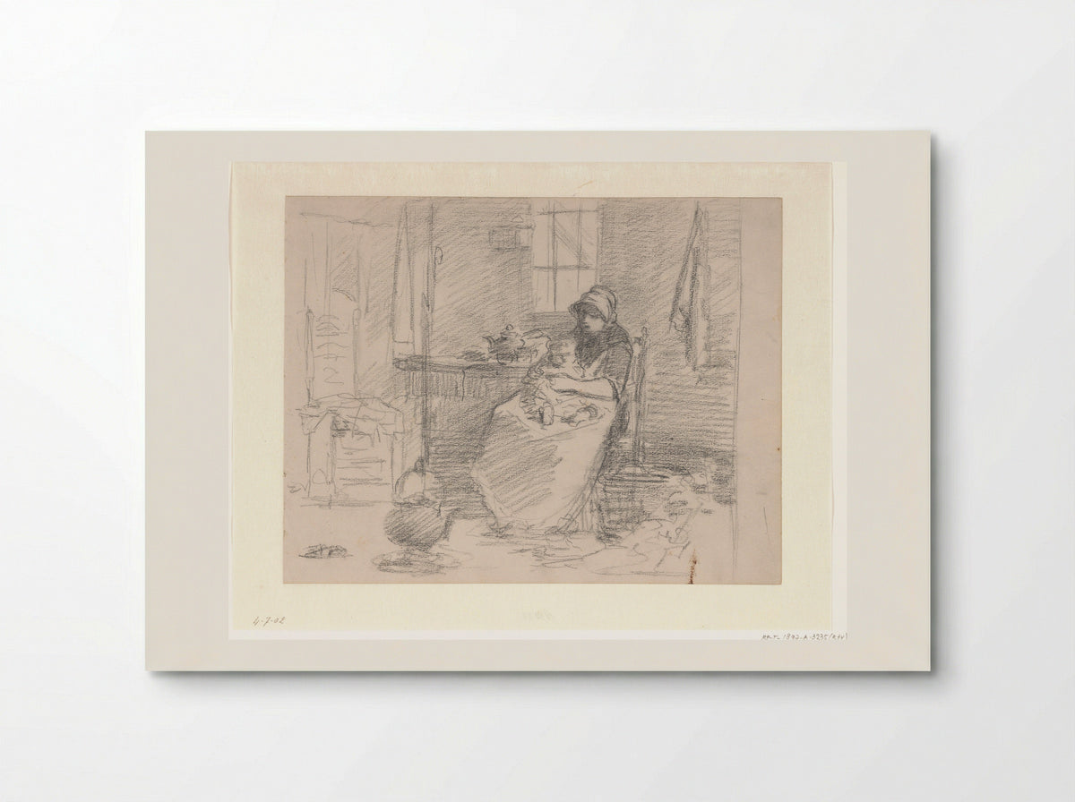 Boereninterieur met zittende oude vrouw - Hendrik Valkenburg - Poster
