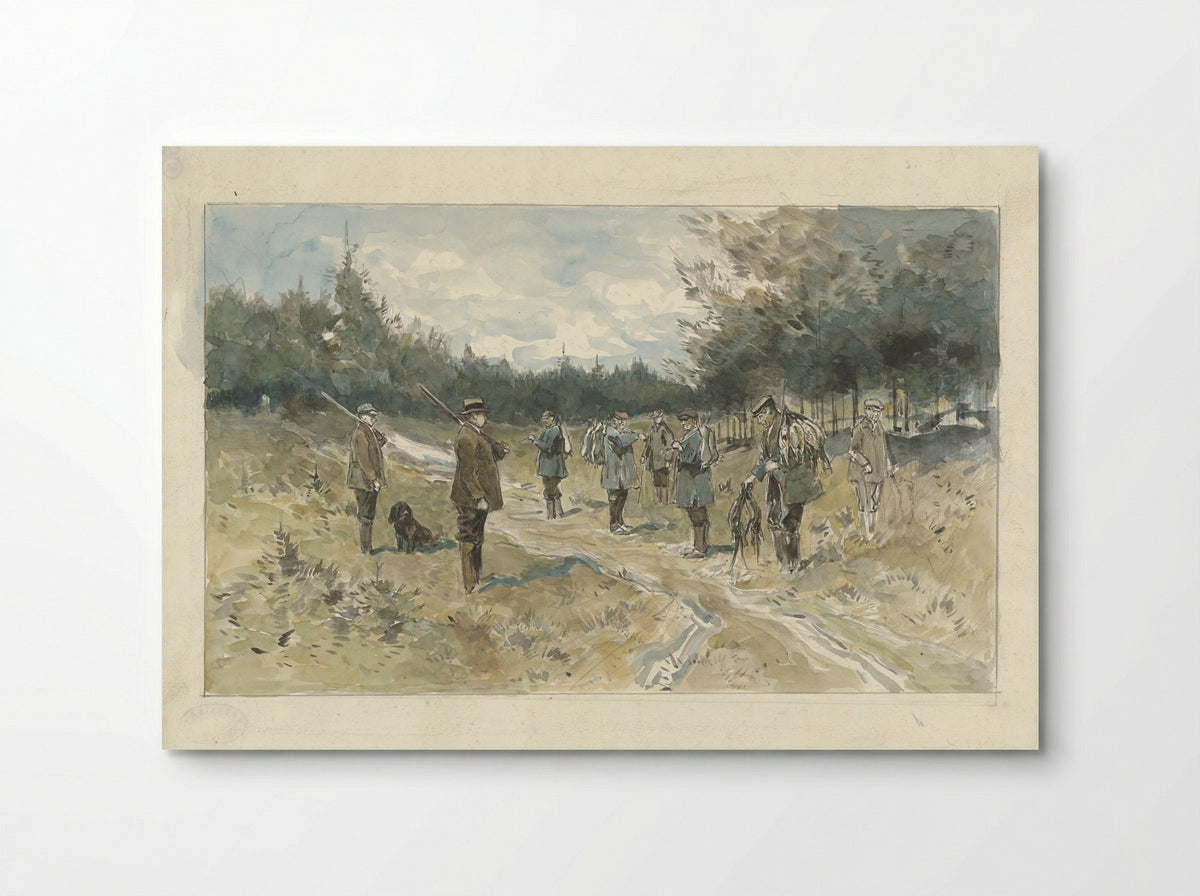 Landschap met groep jagers na de jacht op de Leusderhei - Jan van Essen - Poster