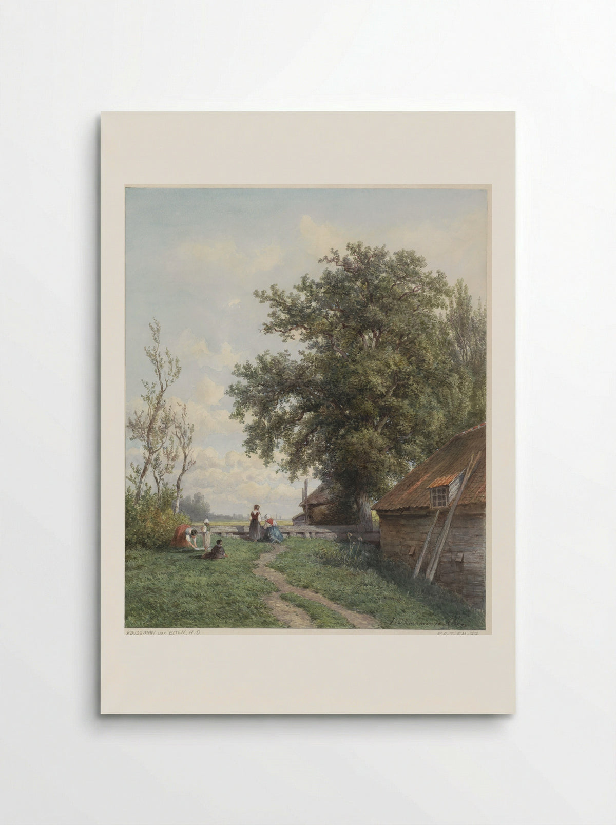 Boerenerf met enige figuren, rechts een schuur en grote boom - Hendrik Dirk Kruseman van Elten - Poster