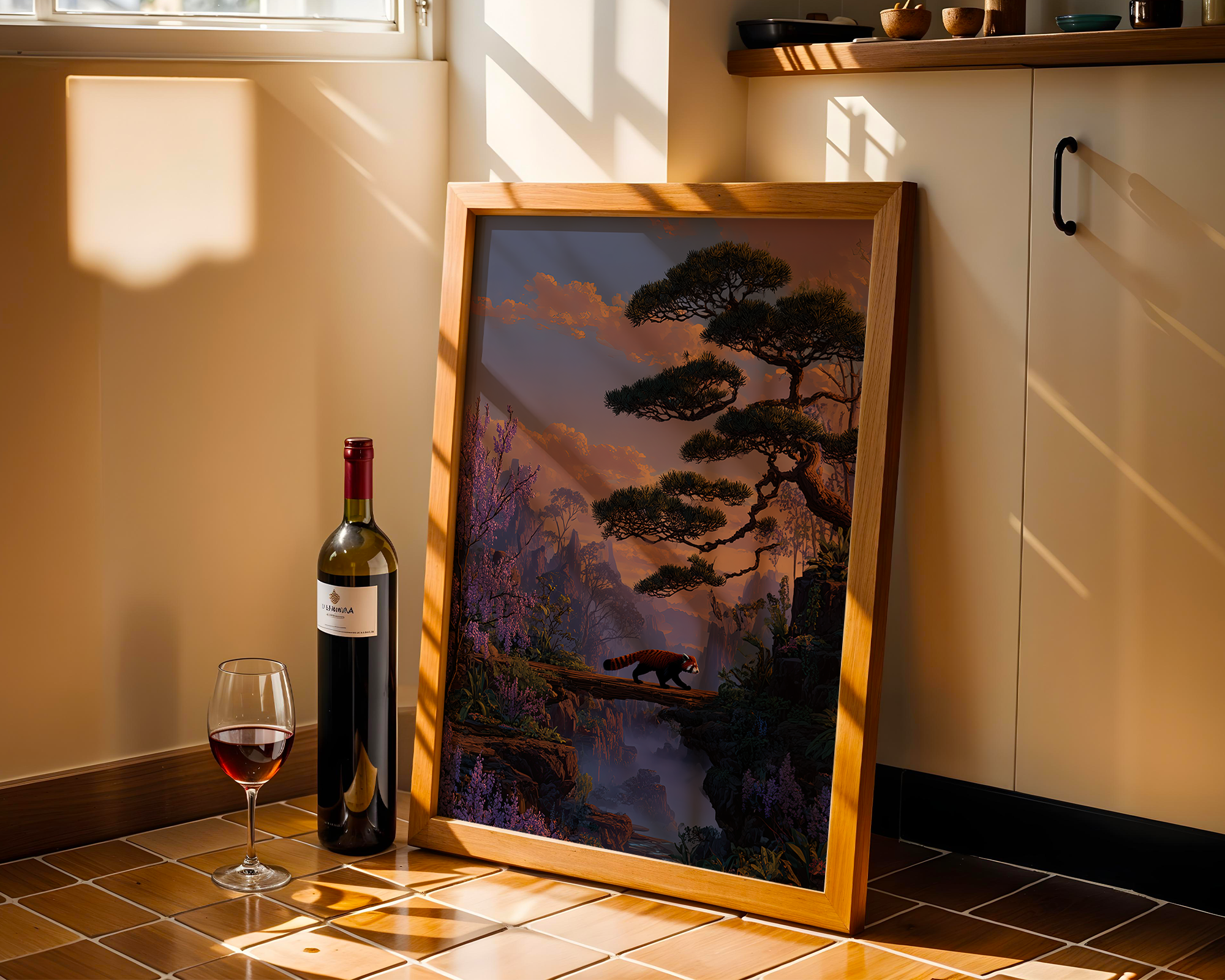 red-panda-crossing-tranquil-sunset-forest-art-print mockup