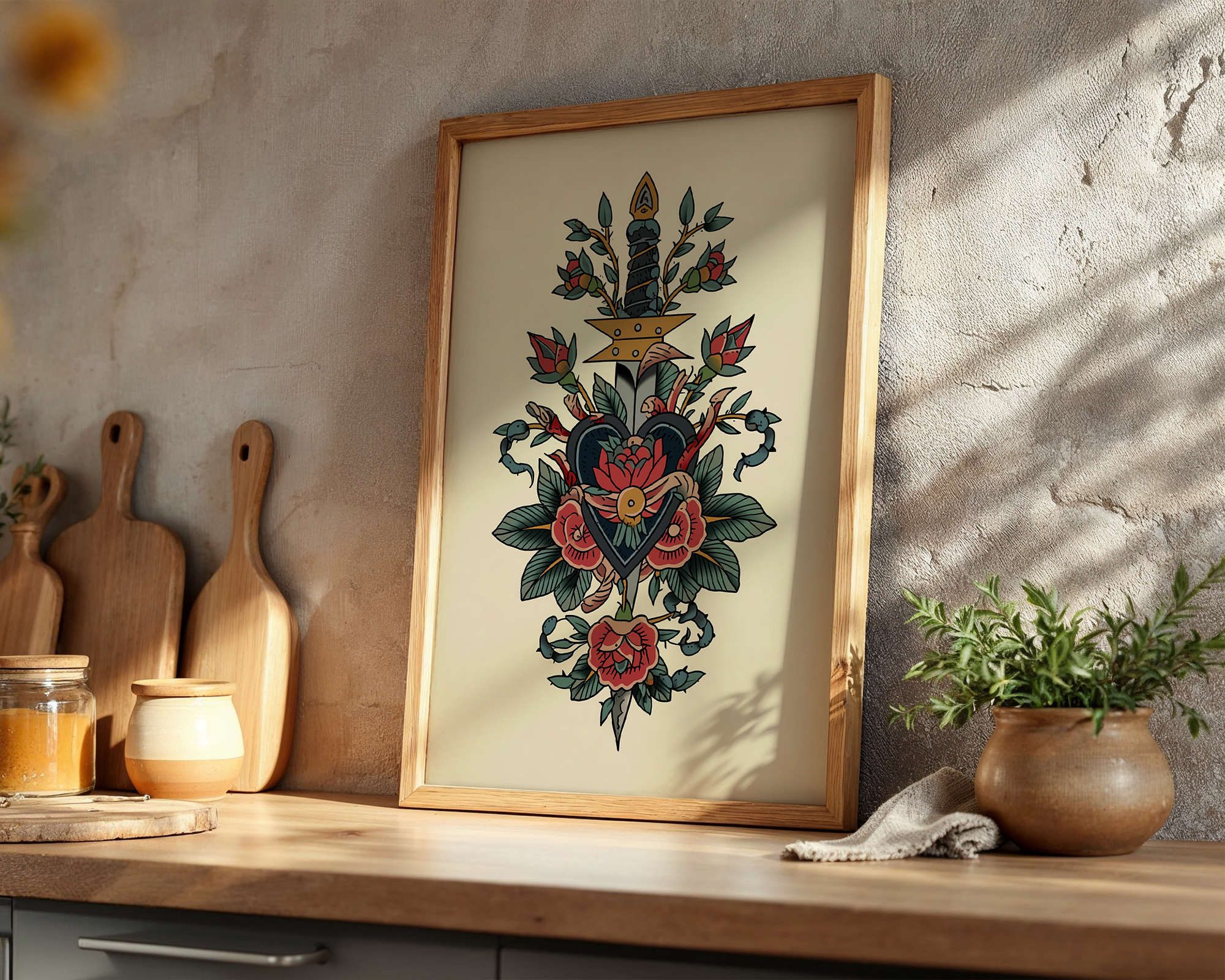 sacred-heart-and-dagger-neo-traditional-tattoo-print mockup