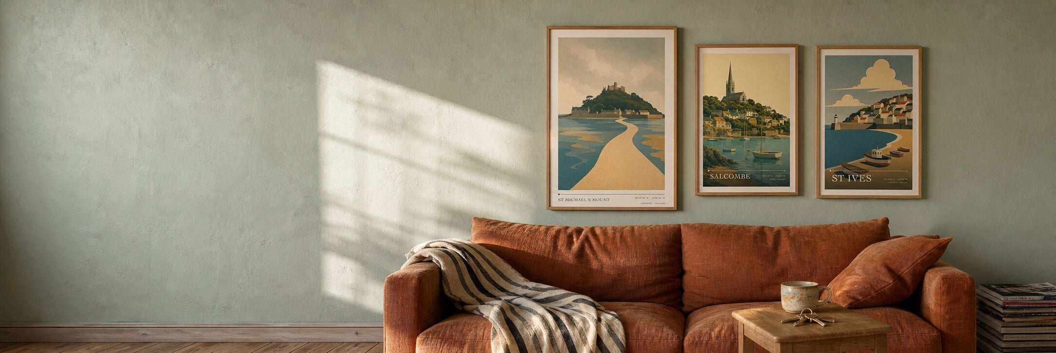 Atlas travel posters in a lived-in British sitting room