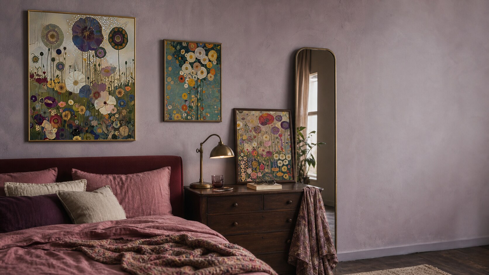 Gustav Klimt floral prints in a contemporary bedroom