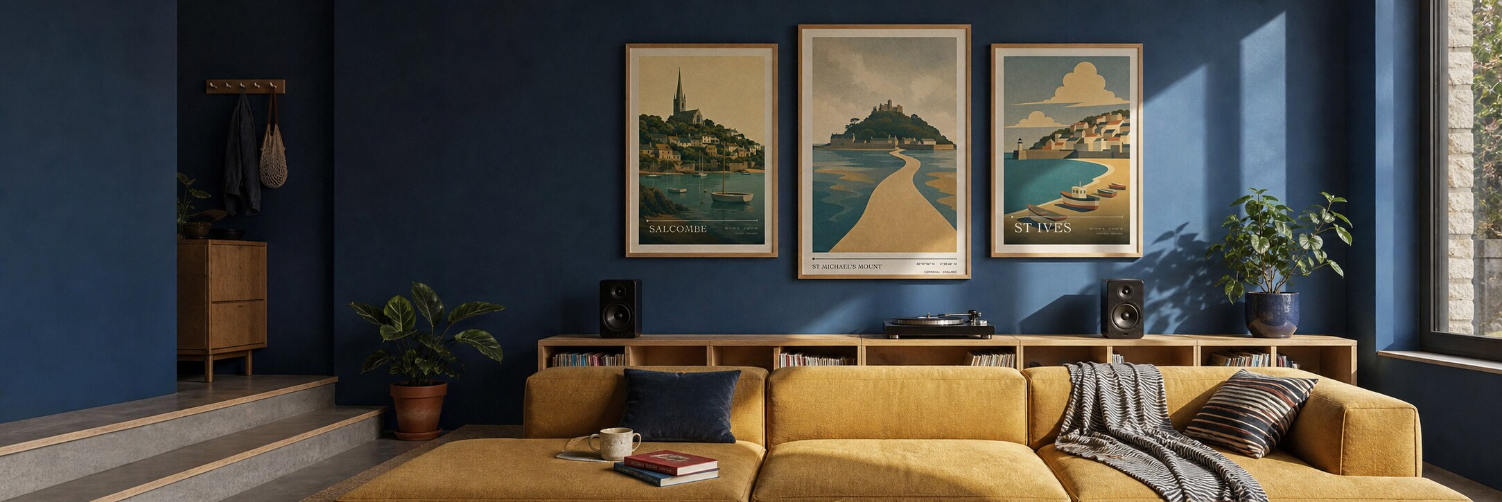 Atlas travel posters in a colourful British music room