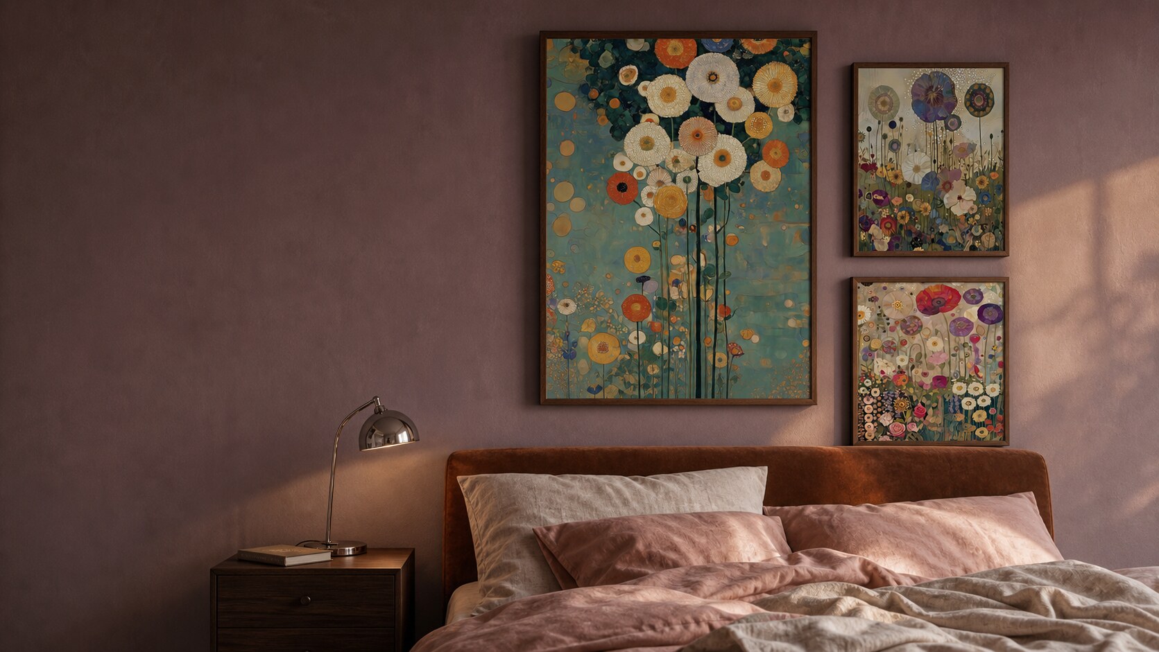 Gustav Klimt floral prints in a contemporary bedroom