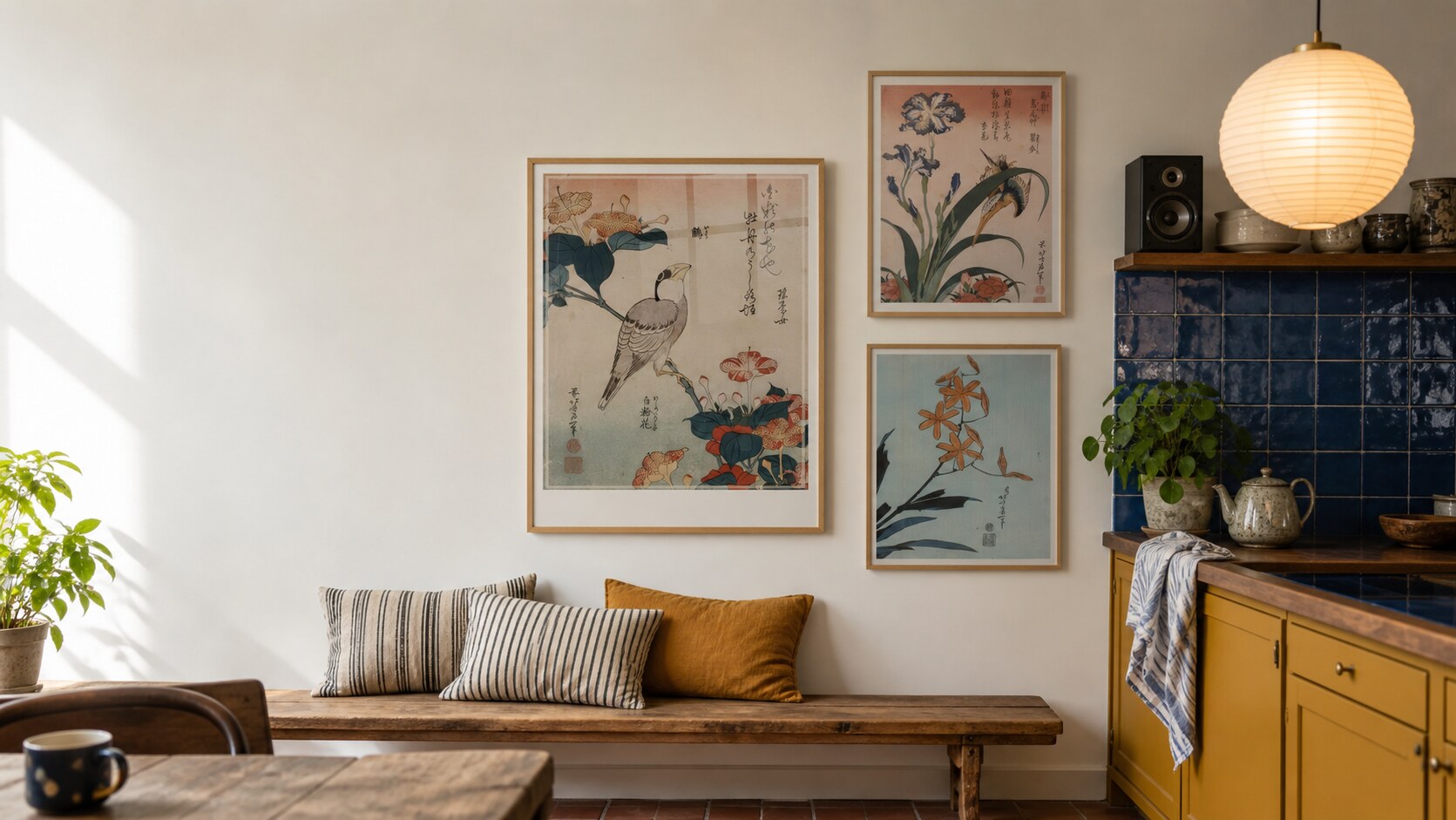 Japanese botanical and bird prints in a colourful kitchen nook