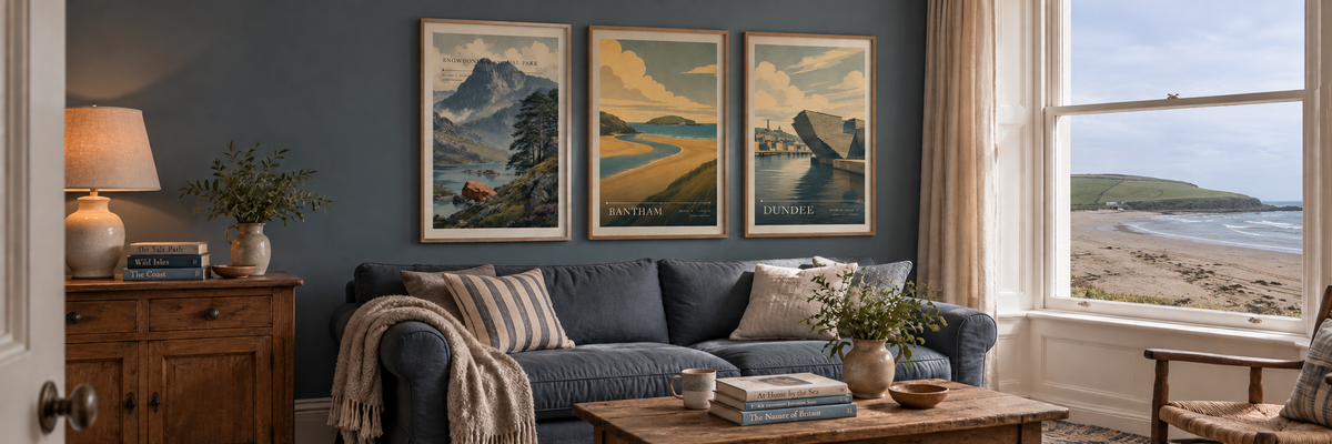 Travel posters in a British coastal home. Window view adapted using Bantham Beach by Shaun Ferguson, CC BY-SA 2.0. https://commons.wikimedia.org/wiki/File:Bantham_Beach_-_geograph.org.uk_-_1590183.jpg