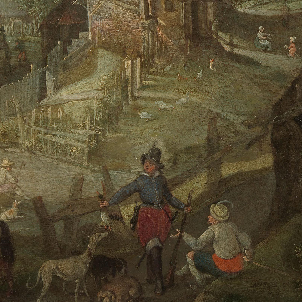 A Hunter and a Rider on a Forest Path with a Village and Valley in the Distance - Anton Mirou - Artwork detail