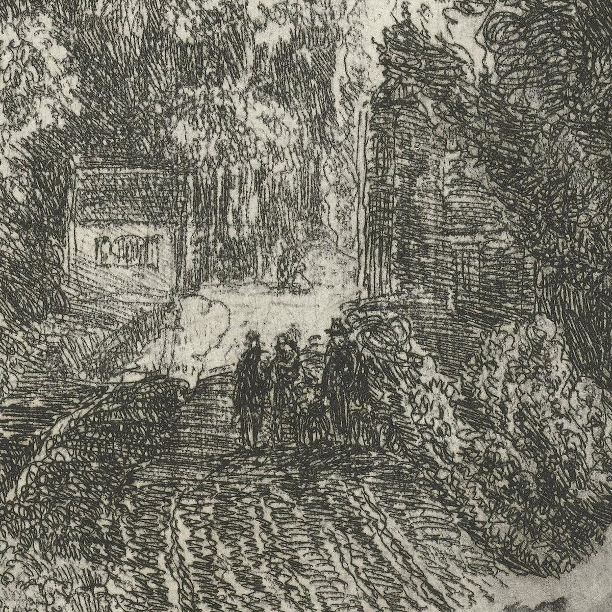 Landschap met drie wandelaars op een weg - Johannes Adrianus van der Drift - Artwork detail