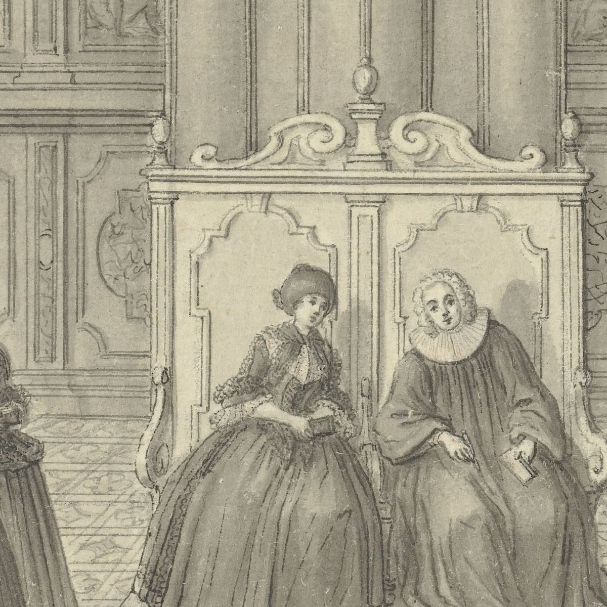 Man and Woman Seated on a Monumental Bench Among Standing Figures - Catharina Heckel-Sperling - Artwork detail