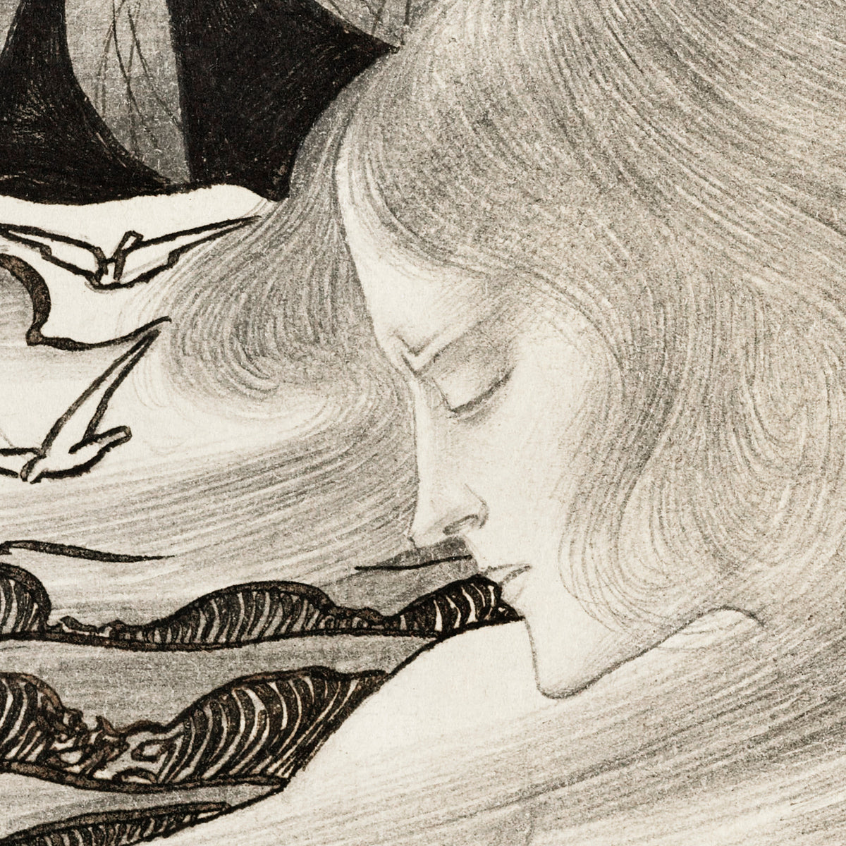 Young Woman with Wavy Hair in Front of a Sea with Ships - Jan Toorop - Artwork detail