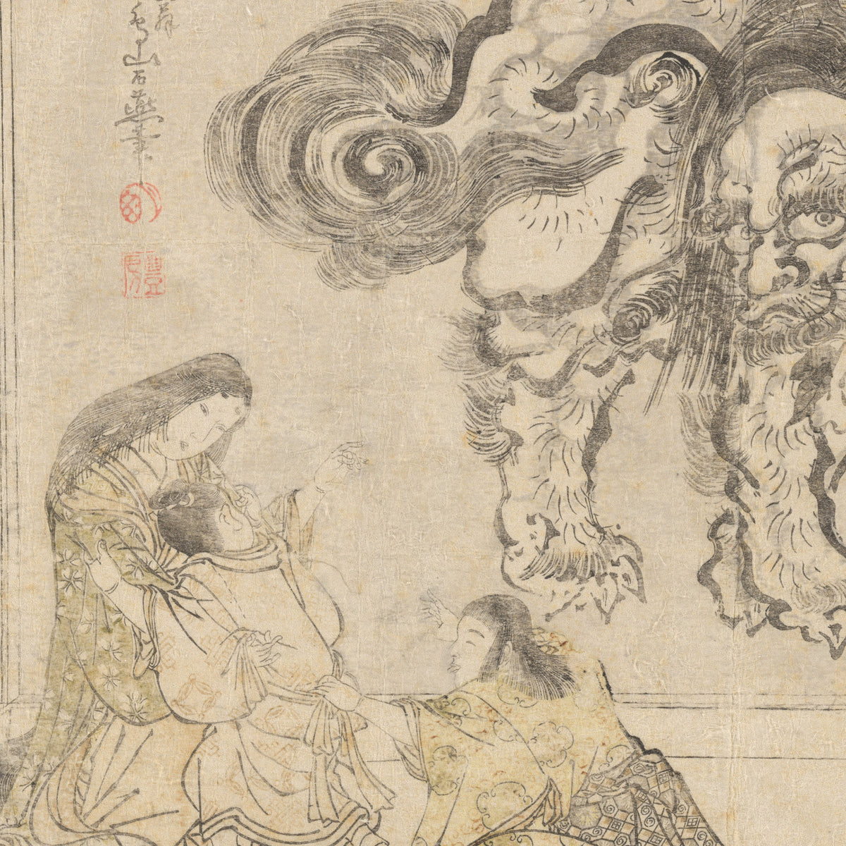Mother and her Children in Front of a Freestanding Screen of a Chinese Lion - Kitagawa Utamaro - Artwork detail