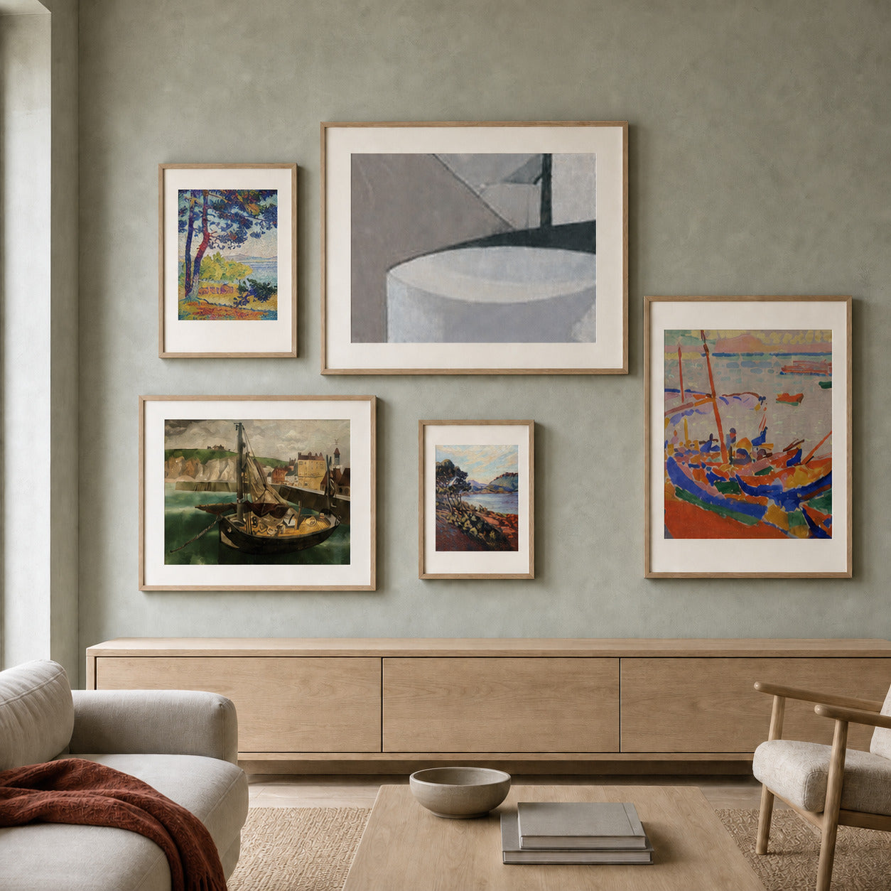 Coastal Modernism curated gallery wall in a lived-in room