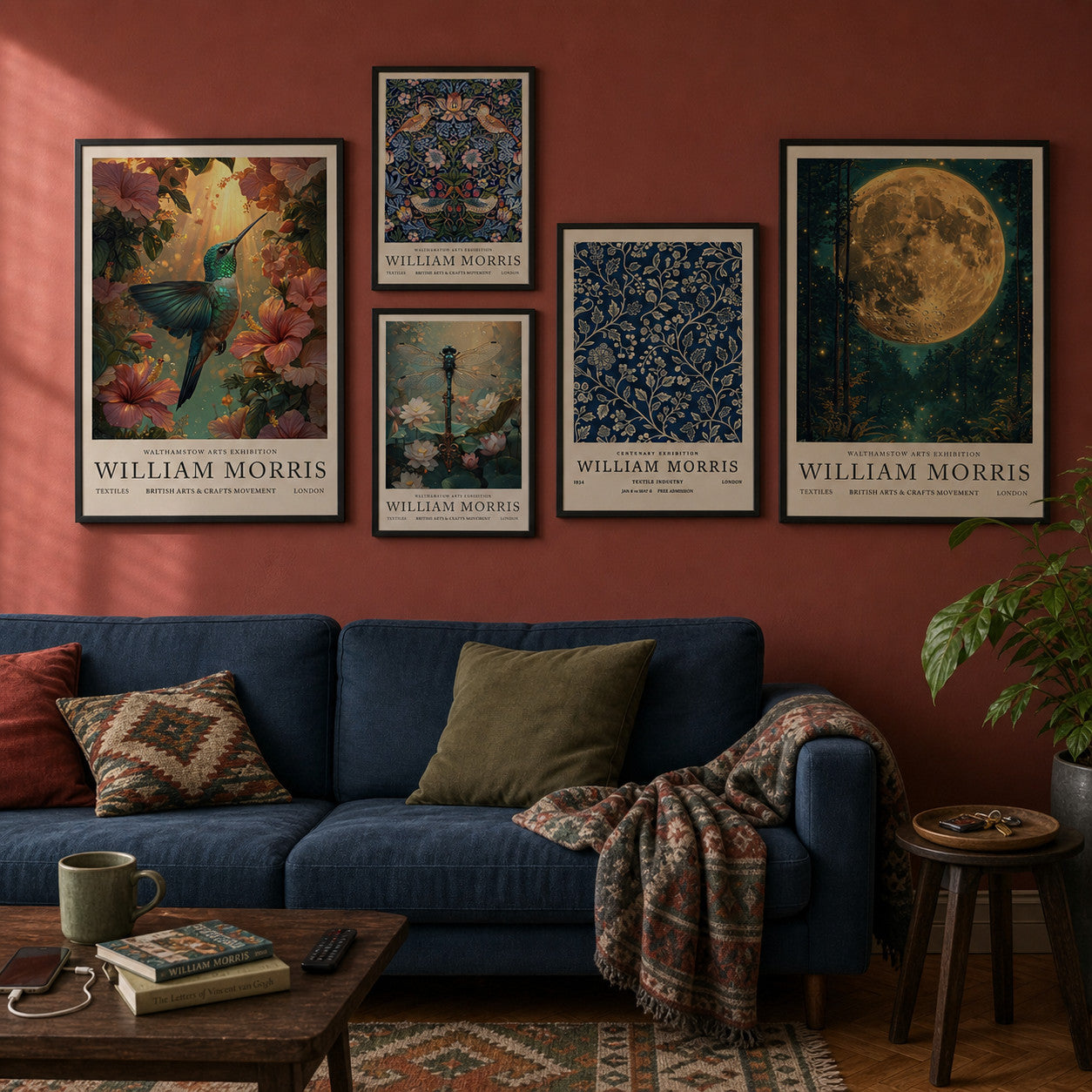 William Morris After Dark gallery wall in a colour-rich lived-in room