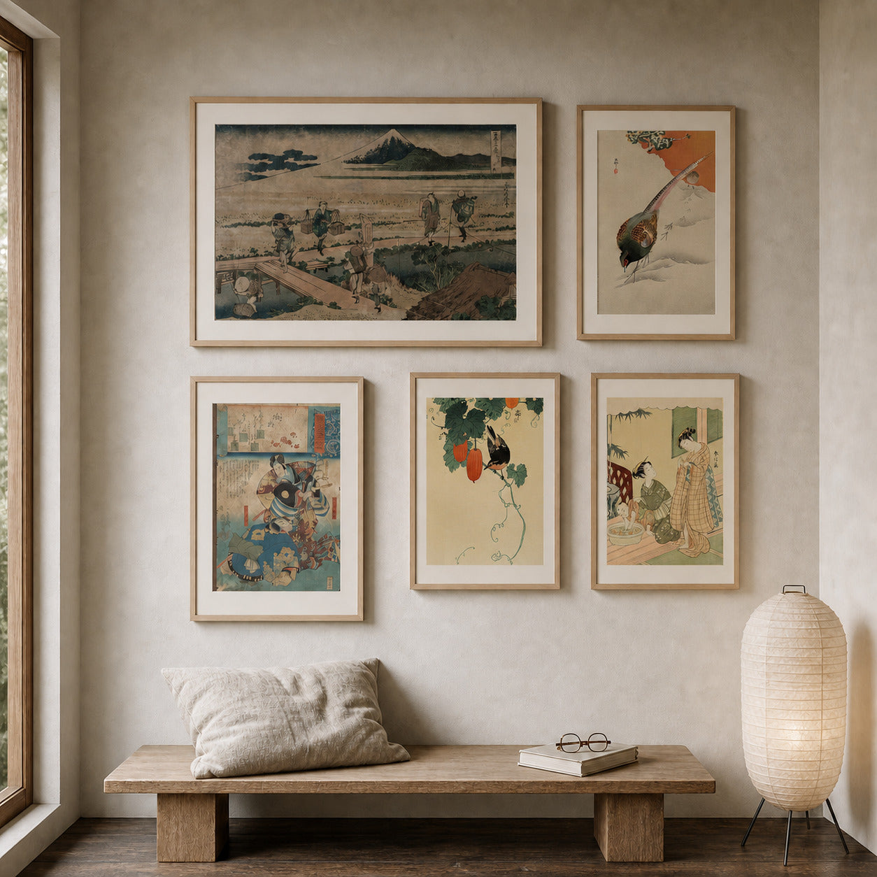 Japandi Stillness curated gallery wall in a lived-in room