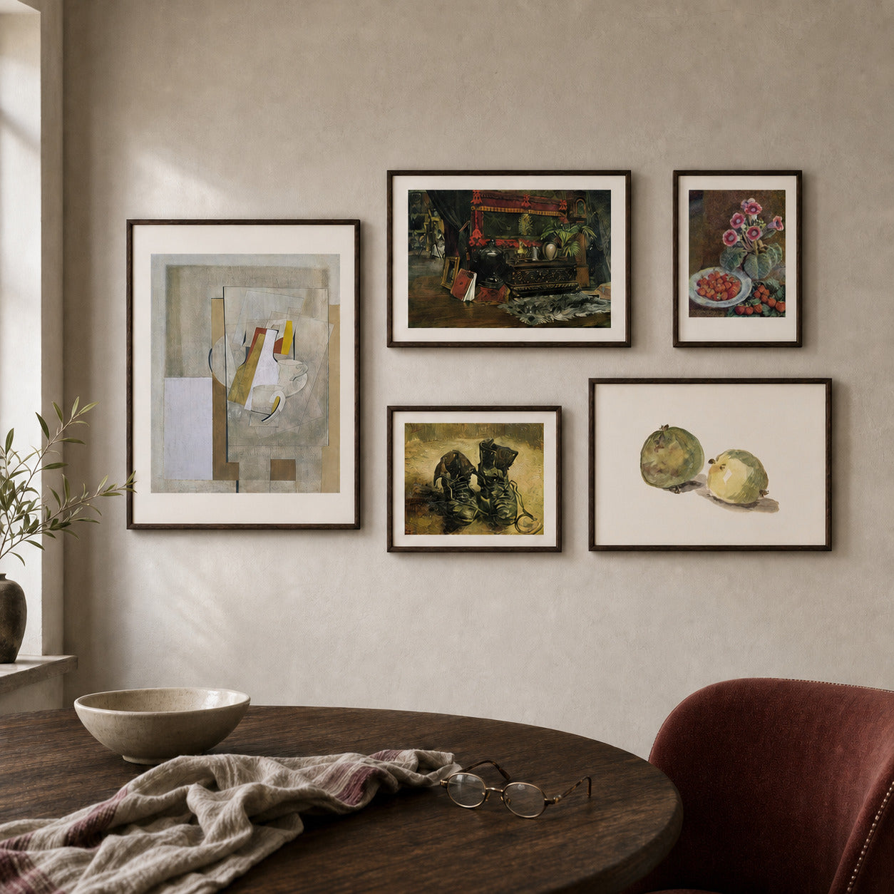 Quiet Still Life curated gallery wall in a lived-in room