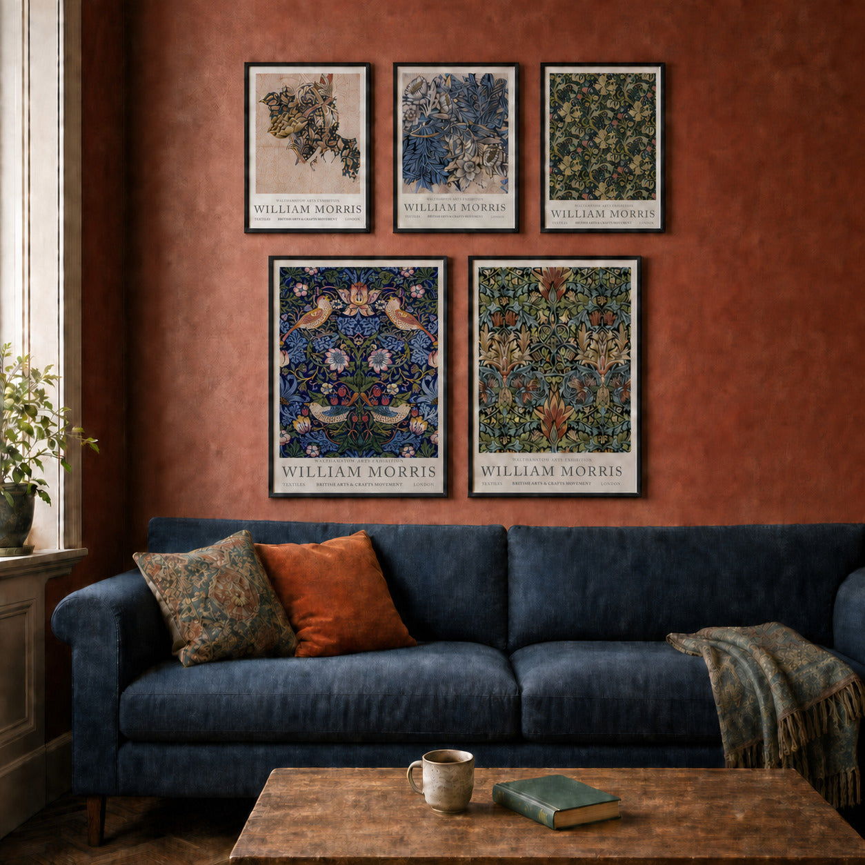 William Morris After Dark curated gallery wall in a lived-in room